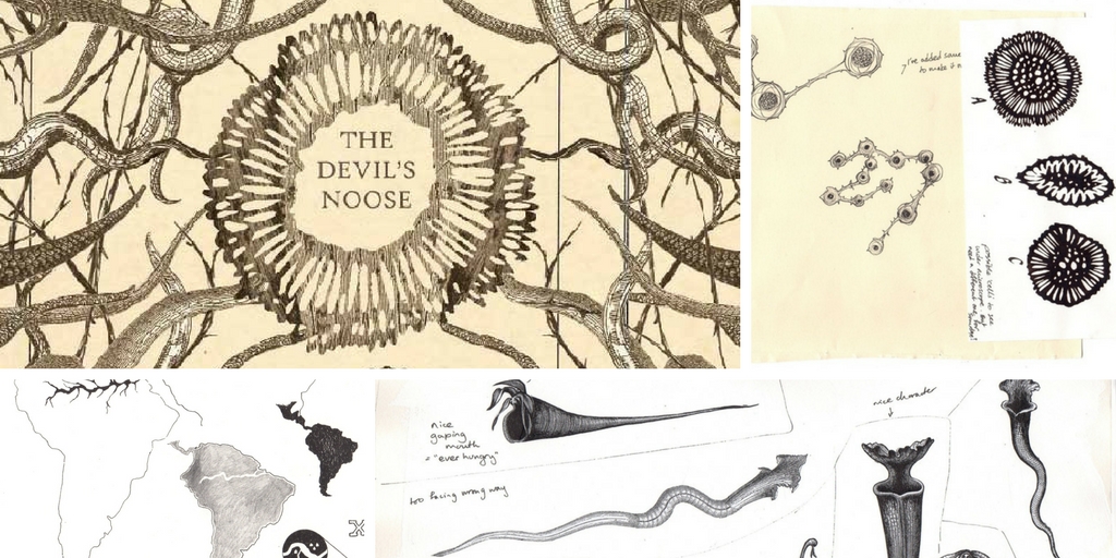 The Devil's Noose book cover and sketch book images.